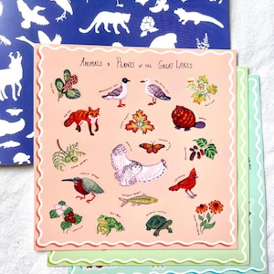 May include: A set of stickers illustrating animals and plants of the Great Lakes. The stickers feature a fox, owl, cardinal, and other wildlife, with the text "Animals & Plants of the Great Lakes" at the top. The stickers are on a pink background with a scalloped border.