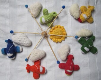 Baby mobile airplane colorful airplanes, crocheted, handmade, gift, birth