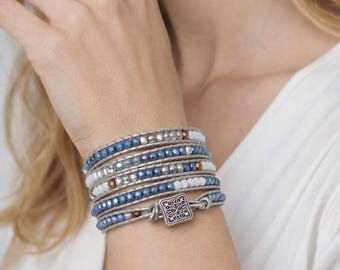 Silver leather wrap beaded bracelet boho Blue Moon