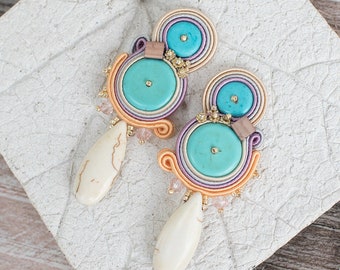 Turquoise soutache earrings, dangle earrings, boho, bohemian, boho earrings, colorful, gift for her, gift for woman, torquoise, Howlite