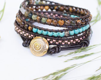 Brown leather wrap beaded bracelet, gemstone bracelet for woman, christmas gift, jasper bracelet, boho Earth Colors