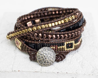 Brown leather wrap beaded bracelet, gemstone bracelet for woman, gift for her, boho bracelet, bohemian, brown bracelet, Chocolate Gold