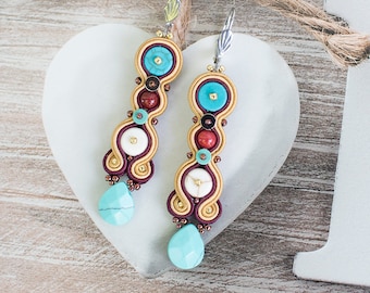 Small turquoise soutache earrings, dangle earrings, bohemian, boho earrings, colorful, gift for her, gift for woman, torquoise, Ethnic