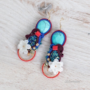 Colorful soutache earrings, turquoise soutache earrings, boho earrings, blue earrings, dangle earrings, colorful, bohemian, Flower Earrings