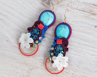 Colorful soutache earrings, turquoise soutache earrings, boho earrings, blue earrings, dangle earrings, colorful, bohemian, Flower Earrings