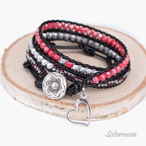Silver leather wrap beaded bracelet boho, christmas gift, gift for her, white red bracelet, wrap bracelet Deep Red