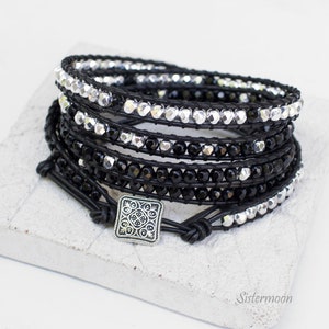 Black leather wrap beaded bracelet, wrap bracelet, boho, beaded wrap bracelet, bohemian bracelet, leather bracelet, Black Silver