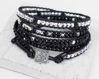 Black leather wrap beaded bracelet, wrap bracelet, boho, beaded wrap bracelet, bohemian bracelet, leather bracelet, Black Silver