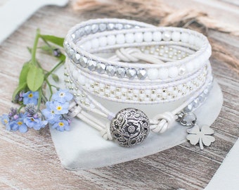 White leather wrap beaded bracelet boho, bohemian, gift for her, gift for woman, happines, swarovski pearl, white wrap bracelet White Silver