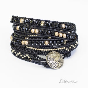 Black leather wrap beaded bracelet boho, bohemian, gift for her, gift for woman, beaded wrap bracelet woman, Black and Gold