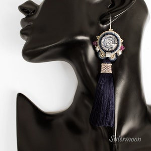Long soutache earrings, long tassel earrings, boho, mandala, long earrings, bohemian, Denim Blue image 5