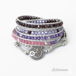 Leather wrap beaded bracelet boho, silver leather bracelet, limited edition, gift for her, gift for woman, Silver Plum