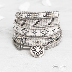 Leather wrap bracelet boho, bohemian, grey bracelet, silver bracelet, gift for her, gift for woman,  White Grey