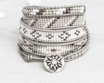 Leather wrap bracelet boho, bohemian, grey bracelet, silver bracelet, gift for her, gift for woman,  White Grey