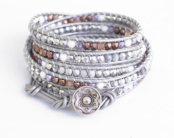 Silver leather wrap beaded bracelet boho, silver leather bracelet, limited edition, gift for her, gift for woman, Silver Sandalwood