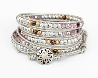 Leather wrap bracelet, boho beaded bracelet, custom size bracelet, silver bracelet, pink bracelet, gift for her, gift for woman, Silver Rose