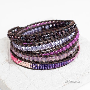 Leather wrap beaded bracelet boho, silver leather bracelet, limited edition, gift for her, gift for woman, Silver Plum
