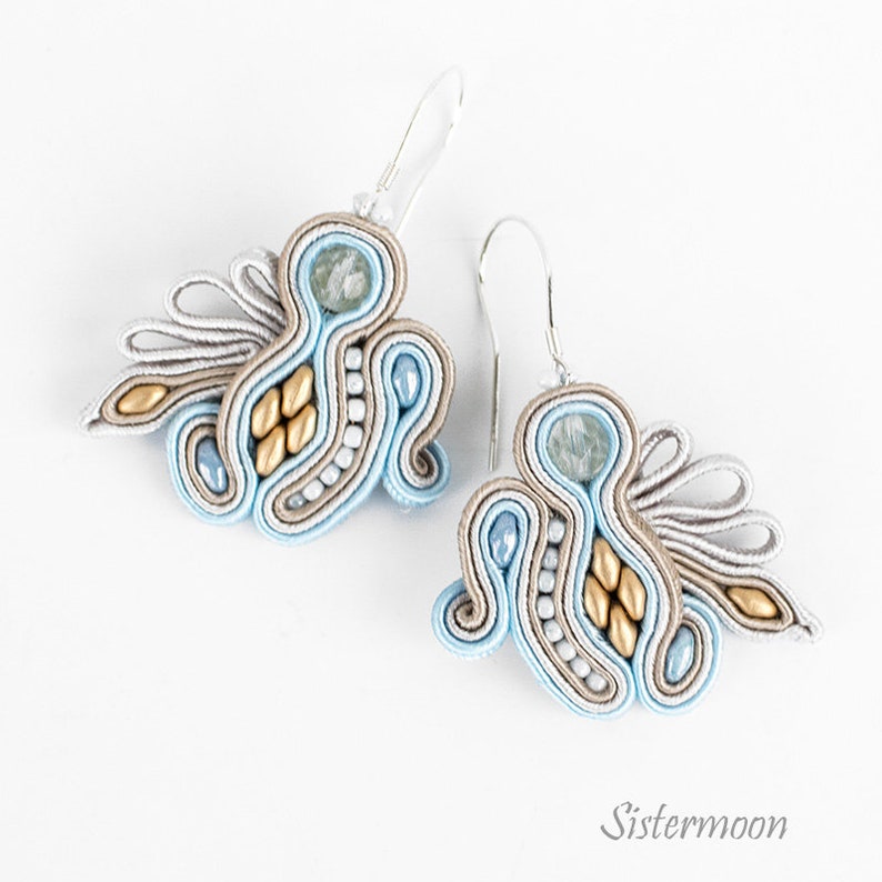 Small soutache earrings Gold Denim Earrings Blue Jeans image 2