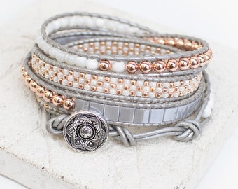 Silver leather wrap beaded bracelet, boho bracelet gemsones, rose gold hematites bracelet, gift for her, Grey Rose Gold