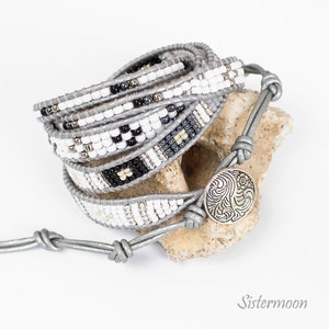 Pulsera de cuero boho gris claro imagen 7