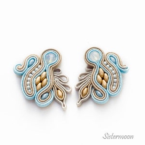 Small soutache earrings Gold Denim Earrings Blue Jeans image 1