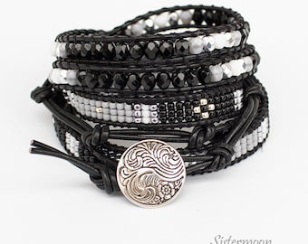 Leather wrap bracelet, beaded bracelet, boho bracelet, beaded wrap bracelet, bohemian, boho, leather bracelet, goth jewelry, Black and White