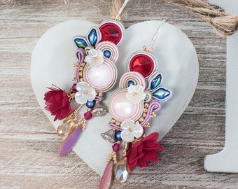 Dangle soutache earrings, colorful earrings, red soutache earrings with flowers, bridal jewelry, wedding Dolores