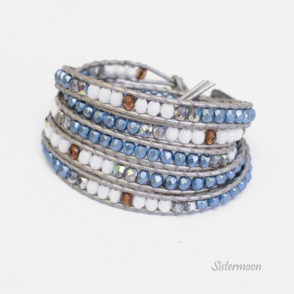 Silver leather wrap beaded bracelet boho Blue Moon