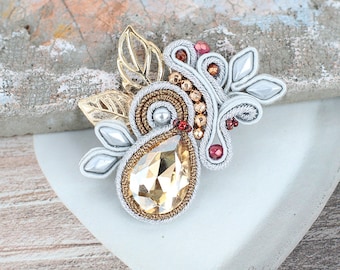 Silver soutache brooch, colorful brooch with flowers, small brooch, gold brooch, elegant brooch, boho, swarovski, romantic Multiflowers