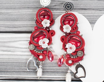 Long red soutache earrings, dangle earrings, boho, red stud earrings, crystal luxury earrings, gift for her, gift for woman, My Valentine