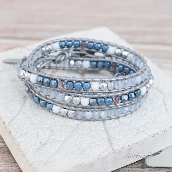 Silver leather wrap beaded bracelet boho Blue Moon