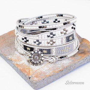 Grey leather wrap beaded bracelet, leather bracelet, custom size bracelet, gift for her, gift for woman, grey wrap bracelet, Grey Bracelet