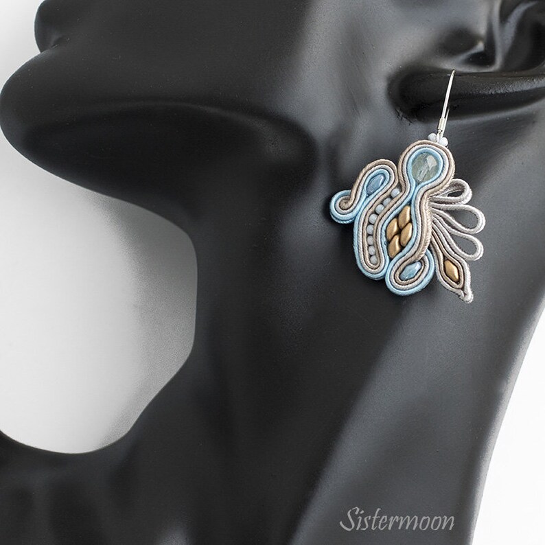 Small soutache earrings Gold Denim Earrings Blue Jeans image 4