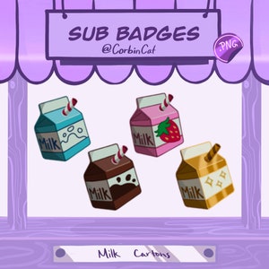 4x odznaki Twitch Sub w postaci kartonu na mleko