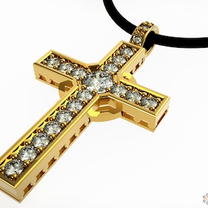 May include: A gold cross pendant with a large diamond in the center and smaller diamonds around the edges. The pendant is attached to a black cord.