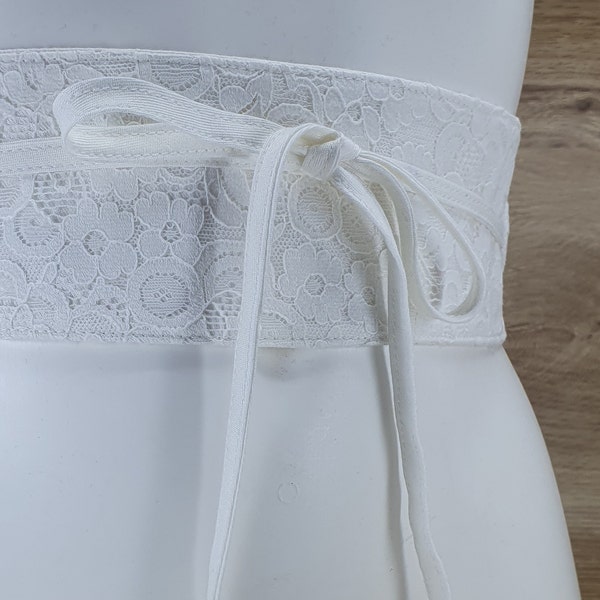 Ceinture Obi taille haute en tissu et dentelle / Blanc Crème Nacre / Taille Unique / Fait Main / Cadeau pour elle / Artisanat français