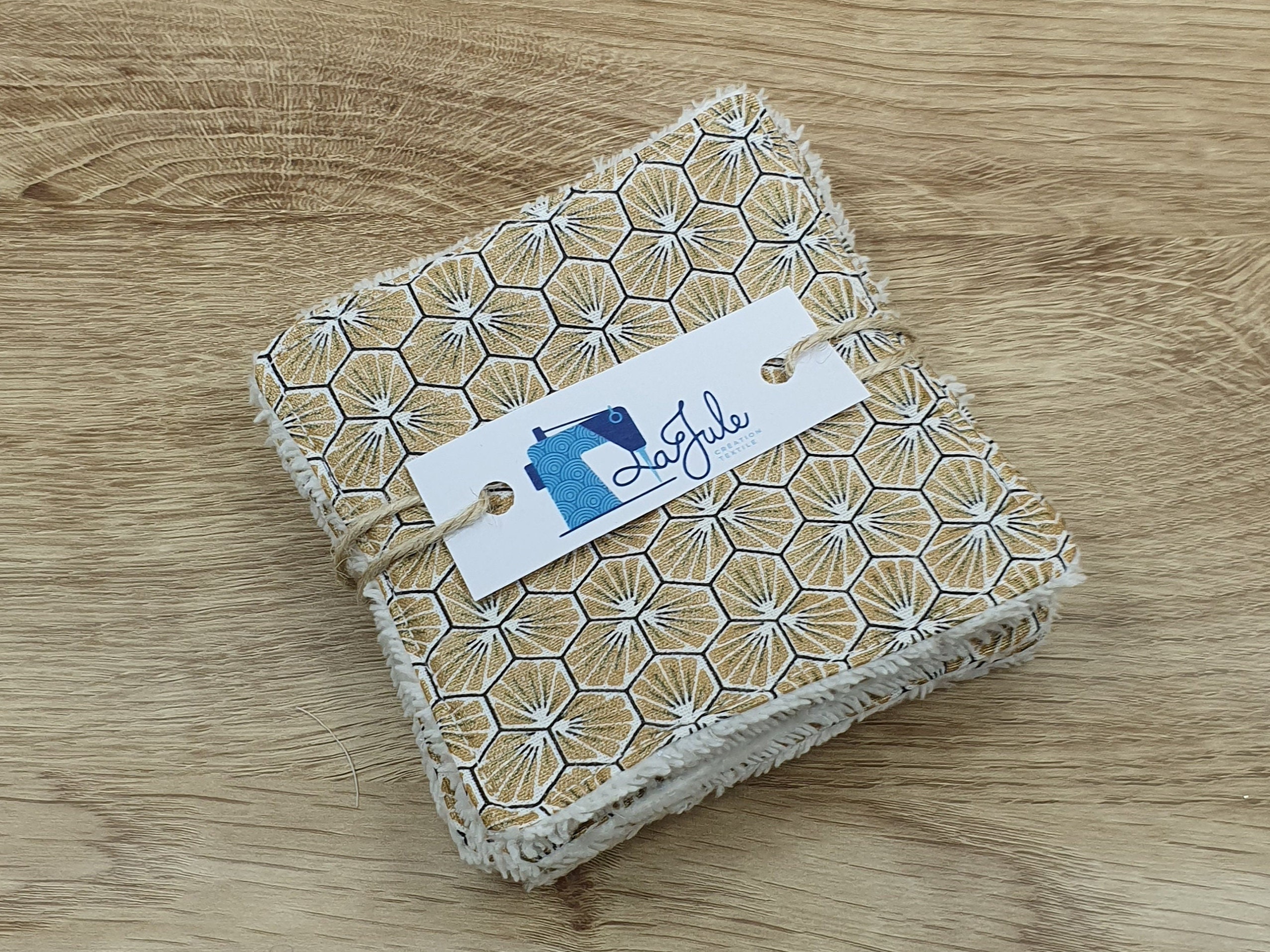 Washable wipes x7 in microfiber and fabric with golden geometric patterns