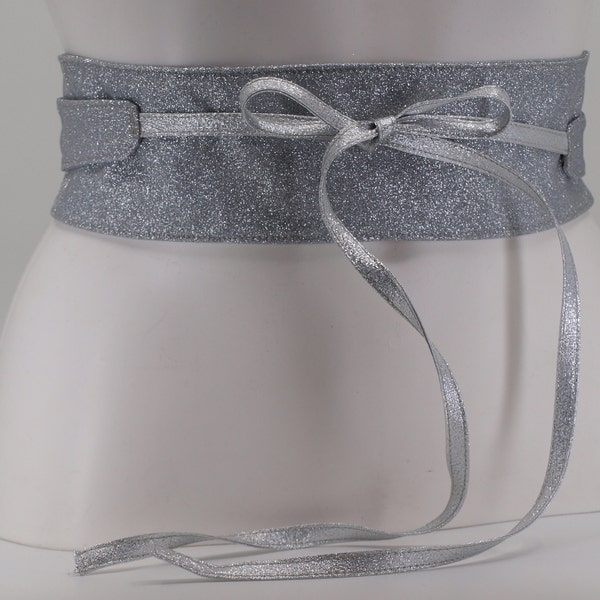 Ceinture large taille haute argentée pailletée en tissu style Obi à nouer Taille Unique