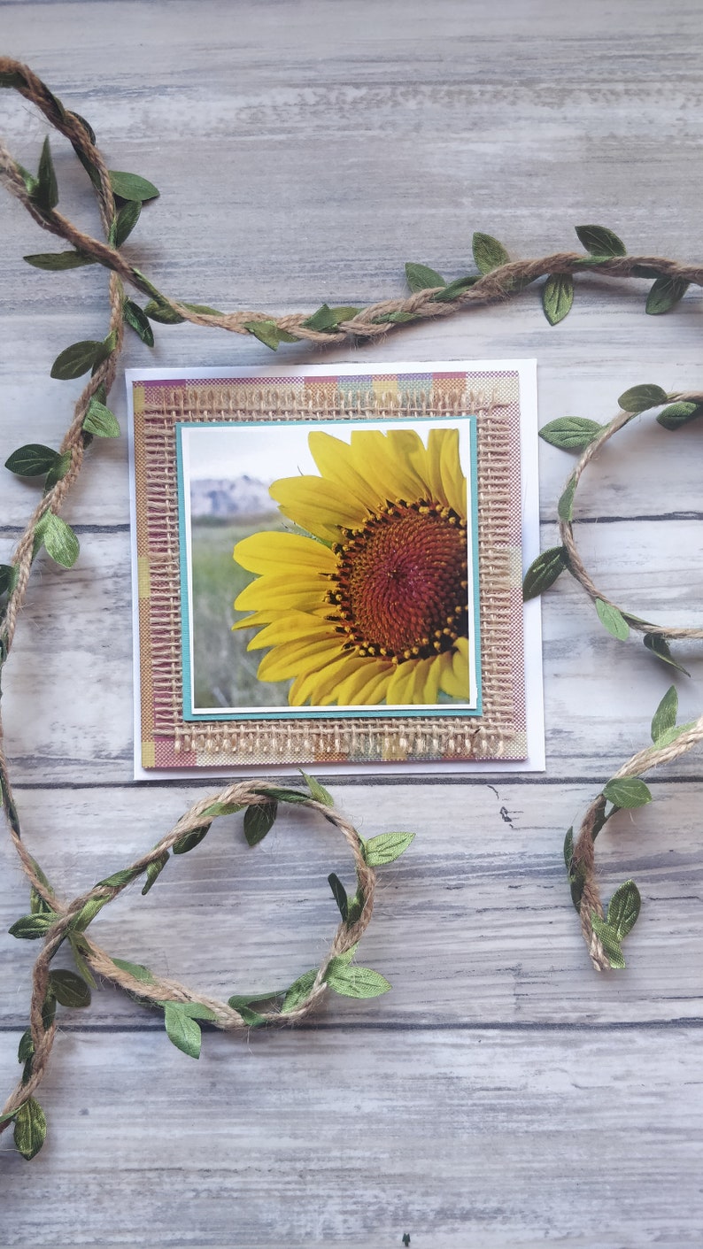 burlap rustic plaid tartan Sunflower greetings card for her birthday anniversary thinking of you card wildflowers
