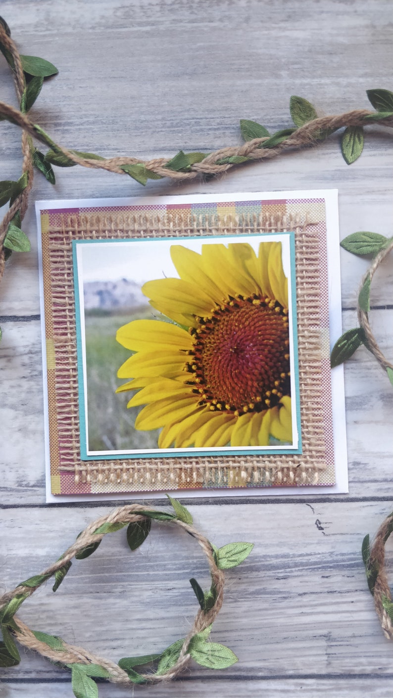 burlap rustic plaid tartan Sunflower greetings card for her birthday anniversary thinking of you card wildflowers