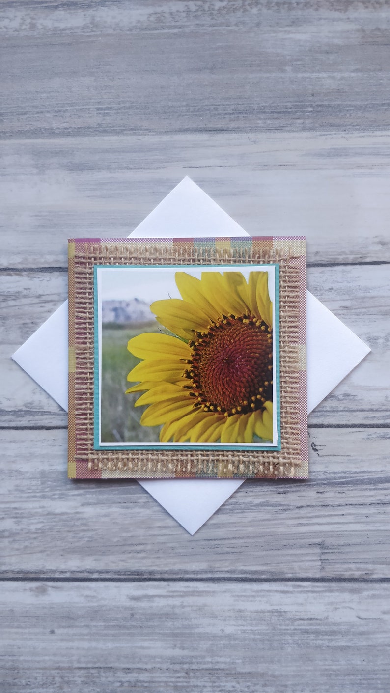 burlap rustic plaid tartan Sunflower greetings card for her birthday anniversary thinking of you card wildflowers