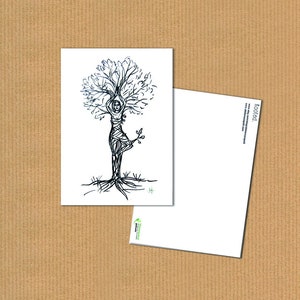 carte postale, A6, illustration femme arbre, yogini, féminisme, émancipation, yoga, balance asana, papier recyclé, imprimé écologique