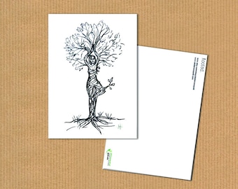 Tree Woman Yoga Postcard, Surreal Ink Illustration, A6 Recycled Paper