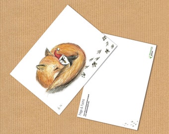 postcard, pinguin & fox cuddling, recycled paper, climate neutral, aquarelle illustration, winter, christmas, A6