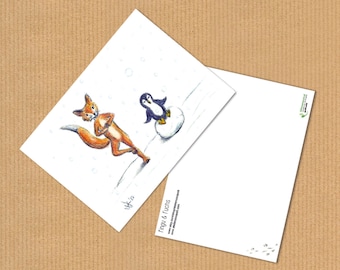 postcard, A6, yoga fox and pinguin, yogis, aquarelle illustration, recycled paper, ecologically printed and climate neutral