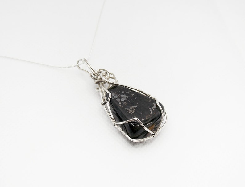Healers Gold  Love Stone Crystal on Sterling Silver Chain Silver Wrapped Natural Black /& Gold Stone Pendant