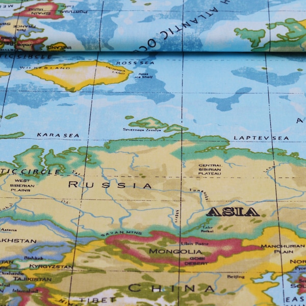 Stoff mit Landkarte Landkartenstoff Weltkarte blau Dekostoff mit Weltkarte Atlas Stoff Baumwollstoff Weltkarte