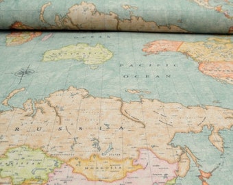 Dekostoff Vintage Weltkarte Landkartenstoff Globus Stoff mit Weltkarte Atlasstoff Dekostoff Weltatlas Weltkarten Dekostoff