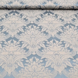 Jacquard Dekostoff mit Ornamenten Rankenstoff Dekostoff mit Rankenmuster im Barockstil taubenblau mit beige