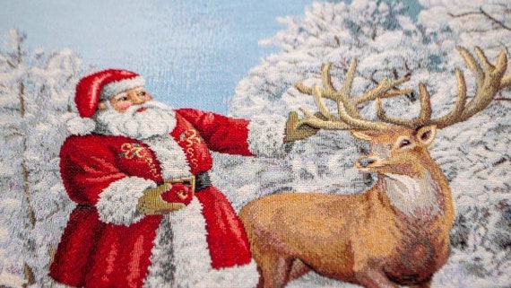 Santa mit Hirsch Panel 47x47cm Gobelin Weihnachten Weihnachtsstoff